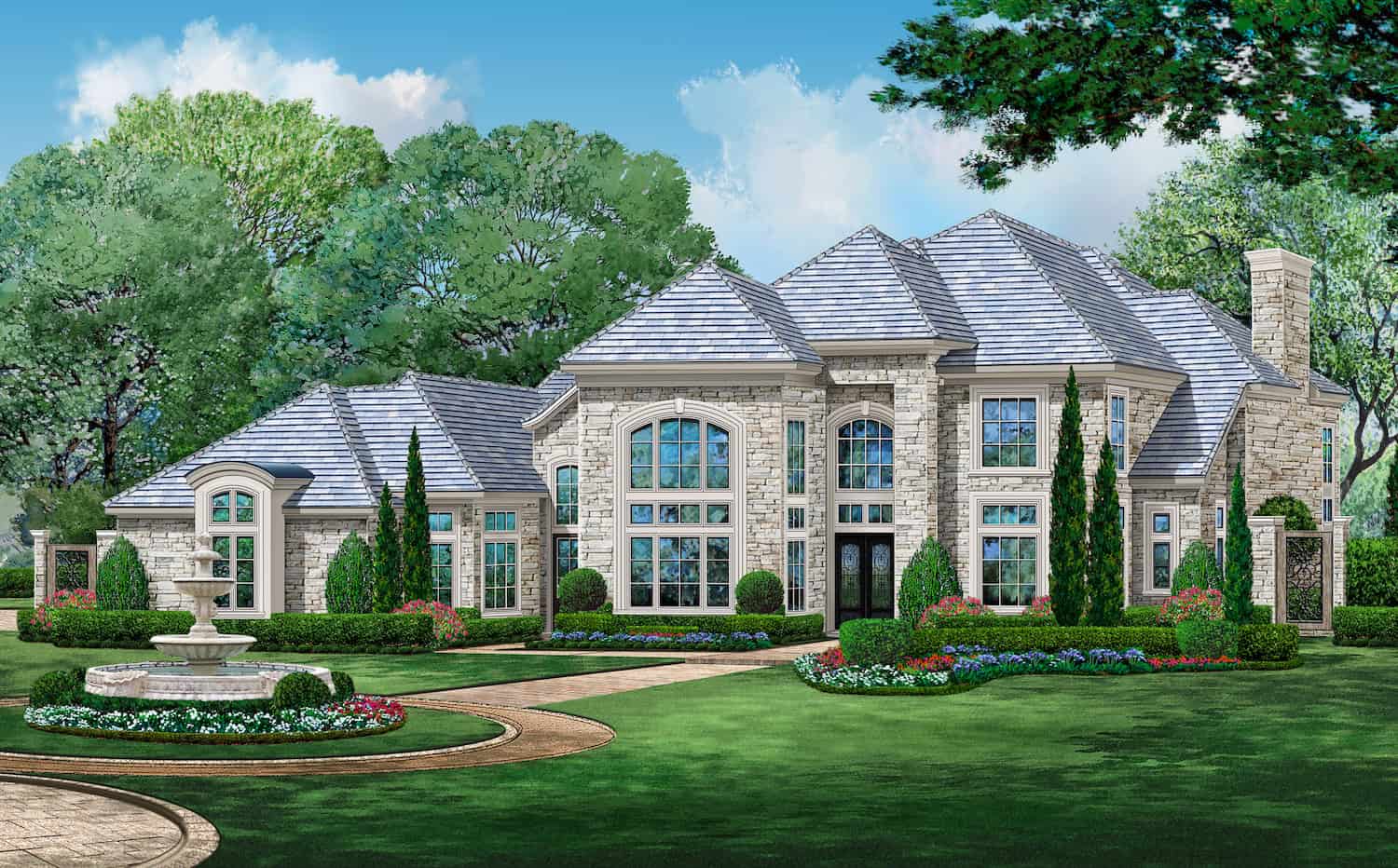 A European design with a two-story arched entry window, tiered hipped roofs, a tall stone chimney, and a wrought iron courtyard gate. 4 beds, 4,997 sq ft - Plan #195-1348