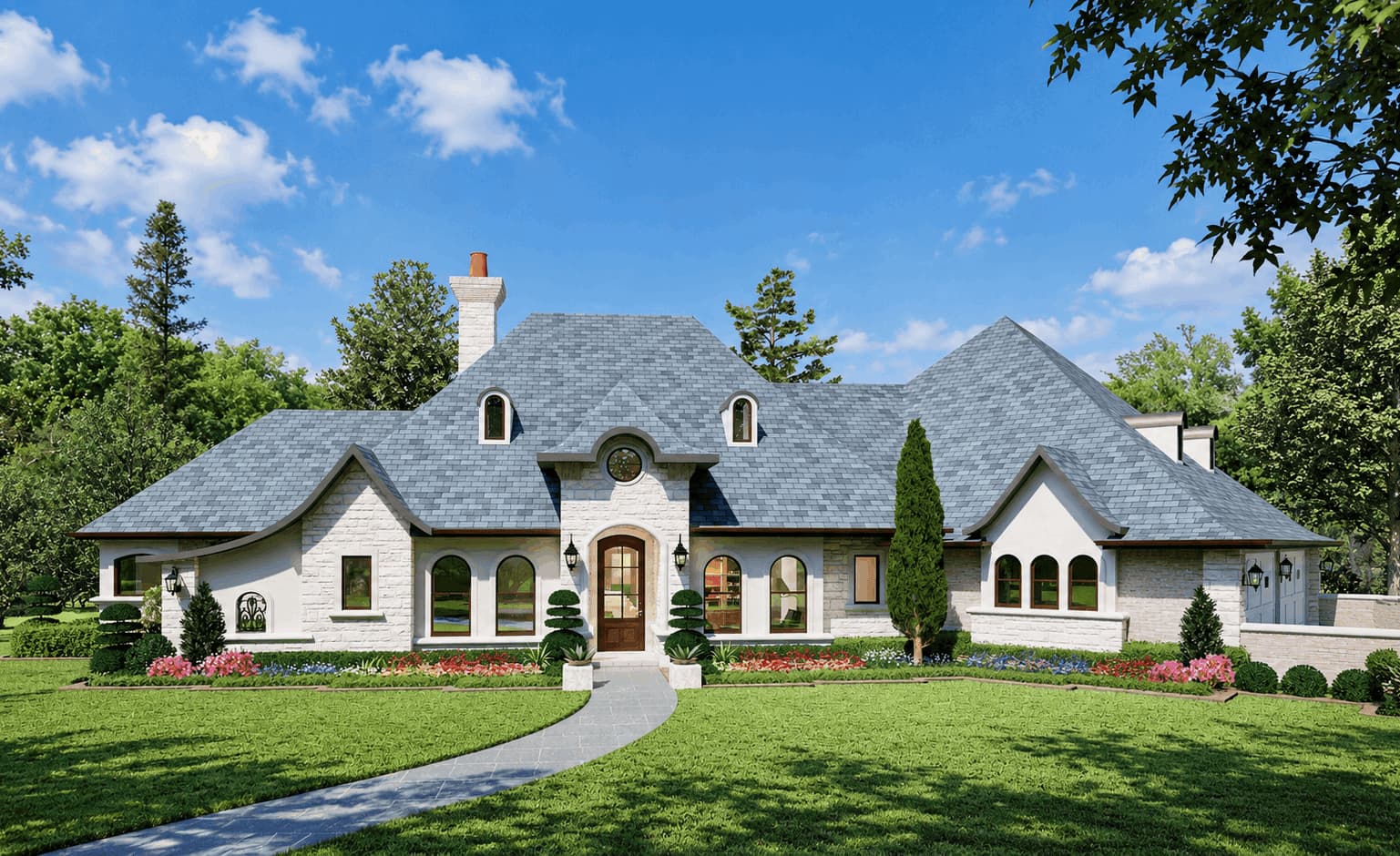 Front elevation of French home (ThePlanCollection: House Plan #195-1357)