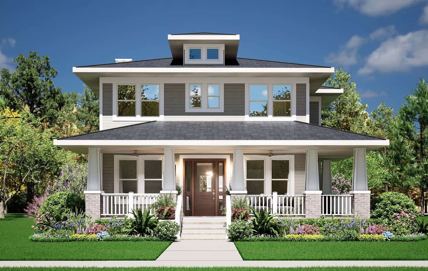 Front elevation of Craftsman home (ThePlanCollection: House Plan #195-1363)