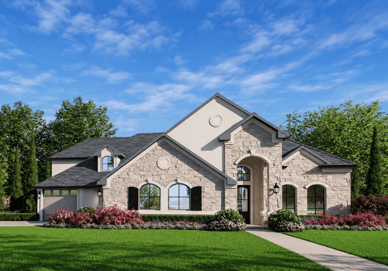 European exterior with a stone front gable, round medallion, shuttered arched windows, and an arched entry. 4 beds, 3,165 sq ft - Plan #195-1371