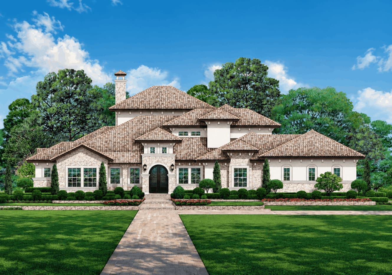 A Mediterranean design with a tile hip roof, stone and stucco walls, and arched double entry doors. 5 beds, 5,443 sq ft - Plan #195-1374