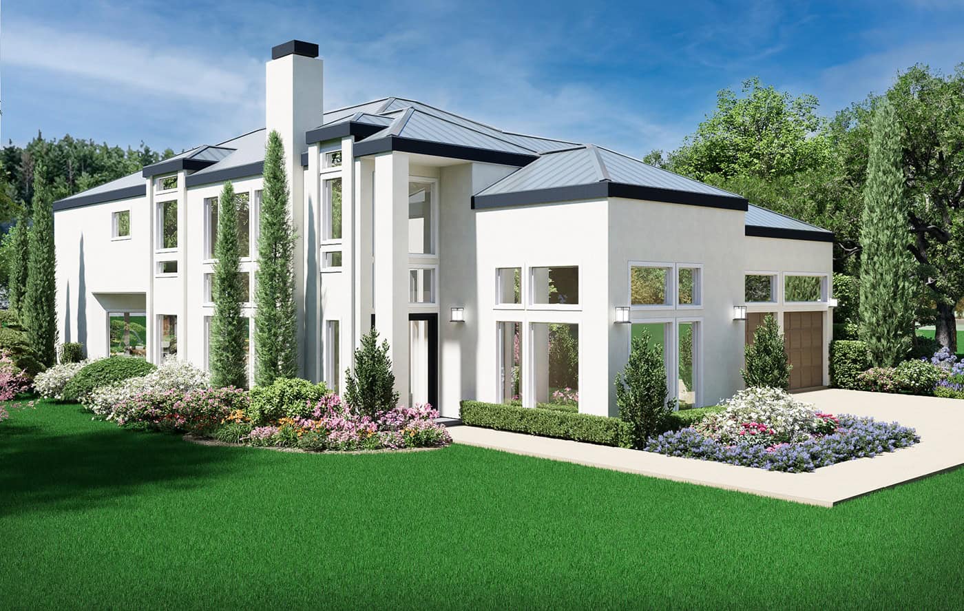 A Contemporary design with white stucco, a metal hip roof, a two-story glass entry bay, and a chimney stack. 4 beds, 4,755 sq ft - Plan #195-1375