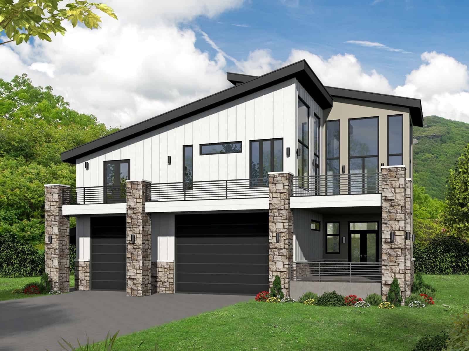 A two-story Coastal home with drive-under 3-car garage, upper-level covered porch, and low-slope metal shed roof. 2 beds, 1,850 sq ft - Plan #196-1964.