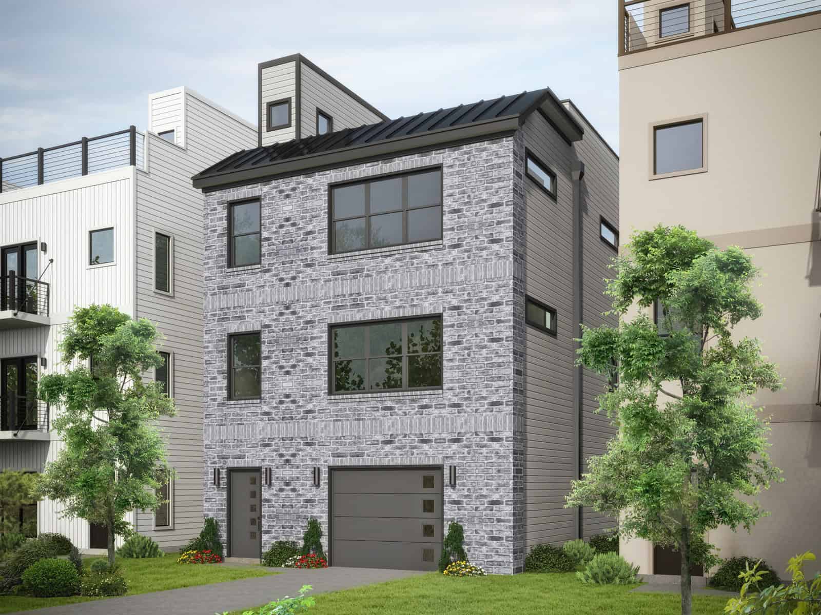 A Modern design with brick and lap siding, a covered front porch, and a narrow three-story profile. 3 beds, 2,008 sq ft - Plan #196-1967.