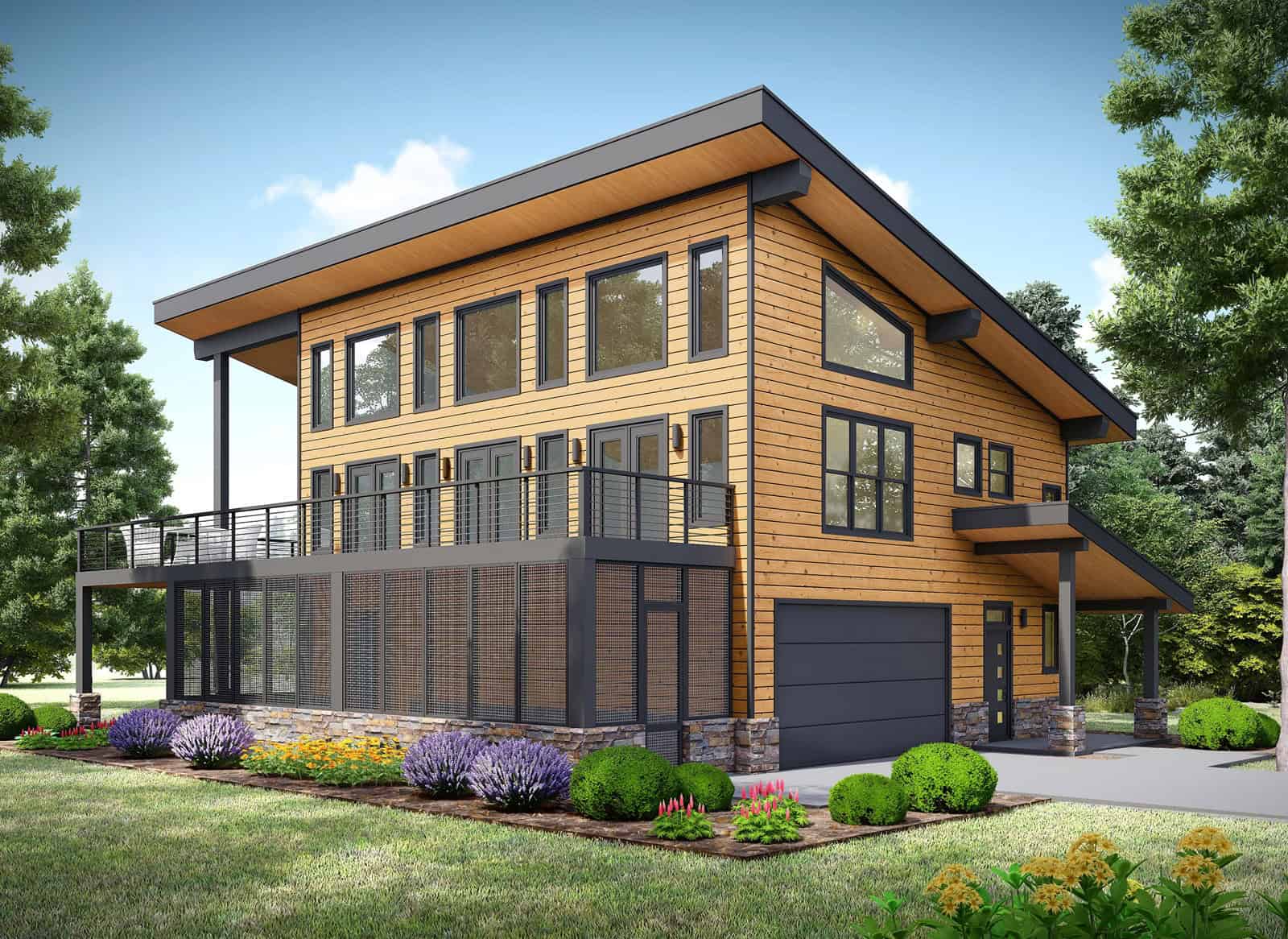 A Modern home with a shed roof, mixed rock and wood siding, and a third-floor sundeck. 3 beds, 2,224 sq ft - Plan #196-1968.
