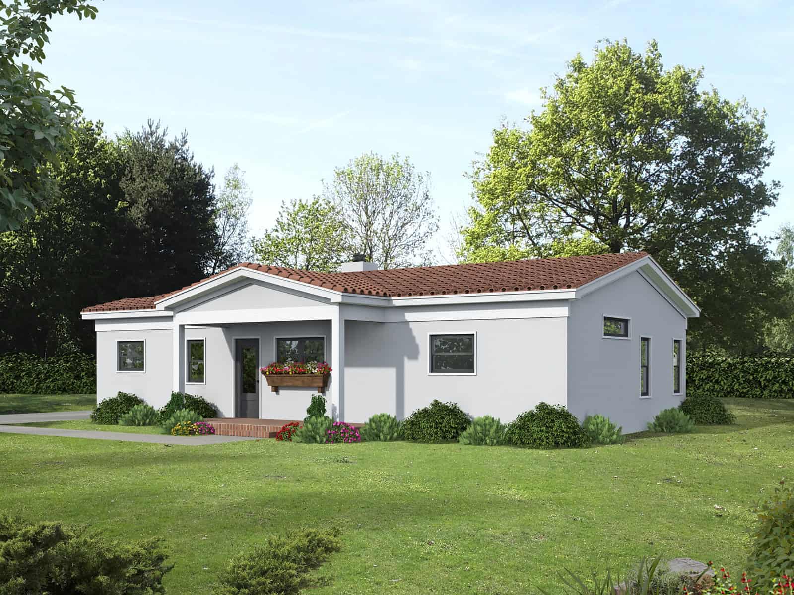 Ranch-style stucco facade with covered front porch, gable and hip roofline, and tile roofing. 2 beds, 1,392 sq ft — Plan #196-1989.
