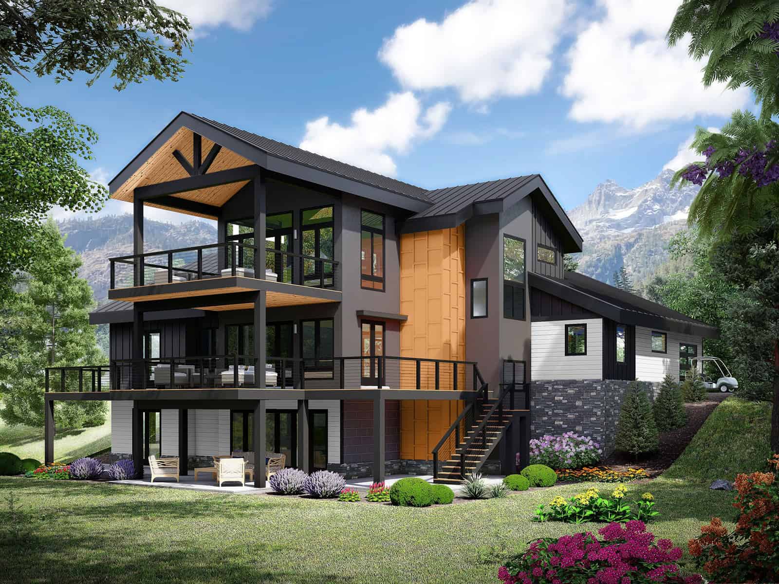 A Modern 3-story home with board-and-batten and stone cladding, covered front porch, and metal gable roof. 4 beds, 2,758 sq ft — Plan #196-2004.