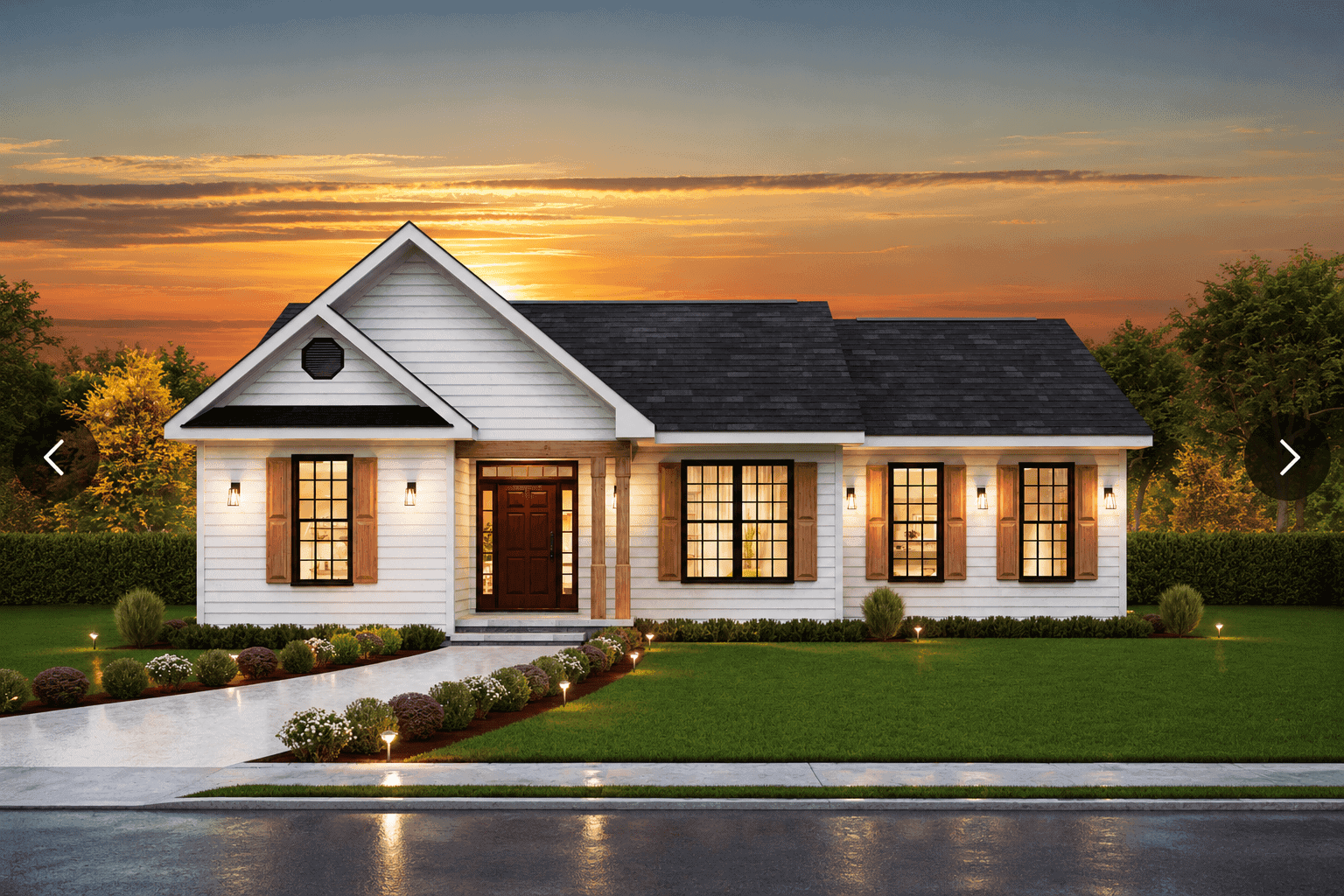Traditional facade with covered front porch, gable roofline, and vinyl siding details. 3 bedrooms, 1,426 sq ft - Plan #198-1230