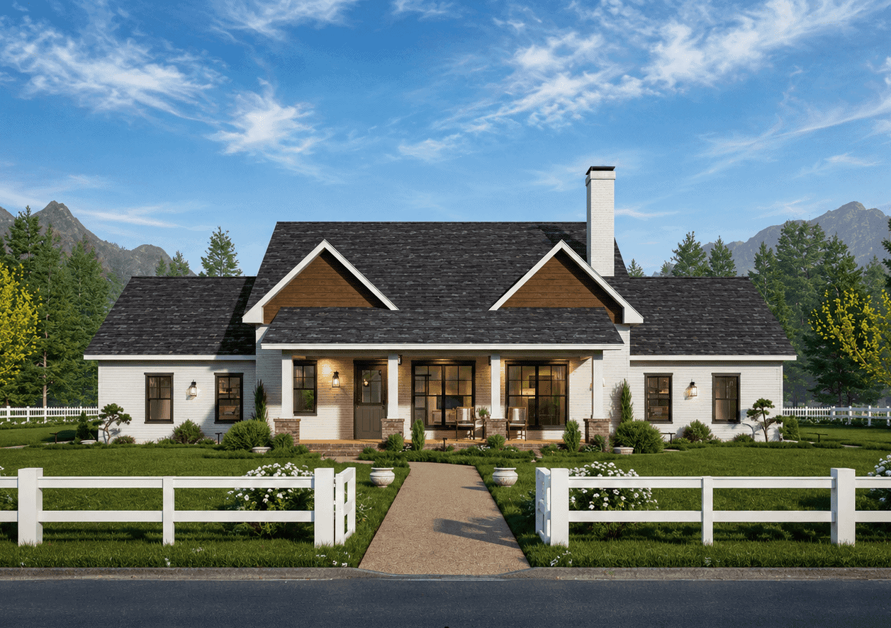 A Modern Farmhouse home with brick exterior, gable roofline, and generous front-and-rear covered porches. 3 beds, 2.5 baths, 1,682 sq ft - Plan #198-1234