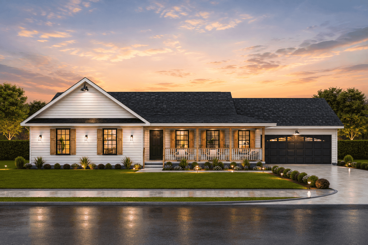 Traditional Ranch facade with covered front porch, gable roof, and lap siding. 3 beds, 2 baths, 1,469 sq ft - Plan #198-1238
