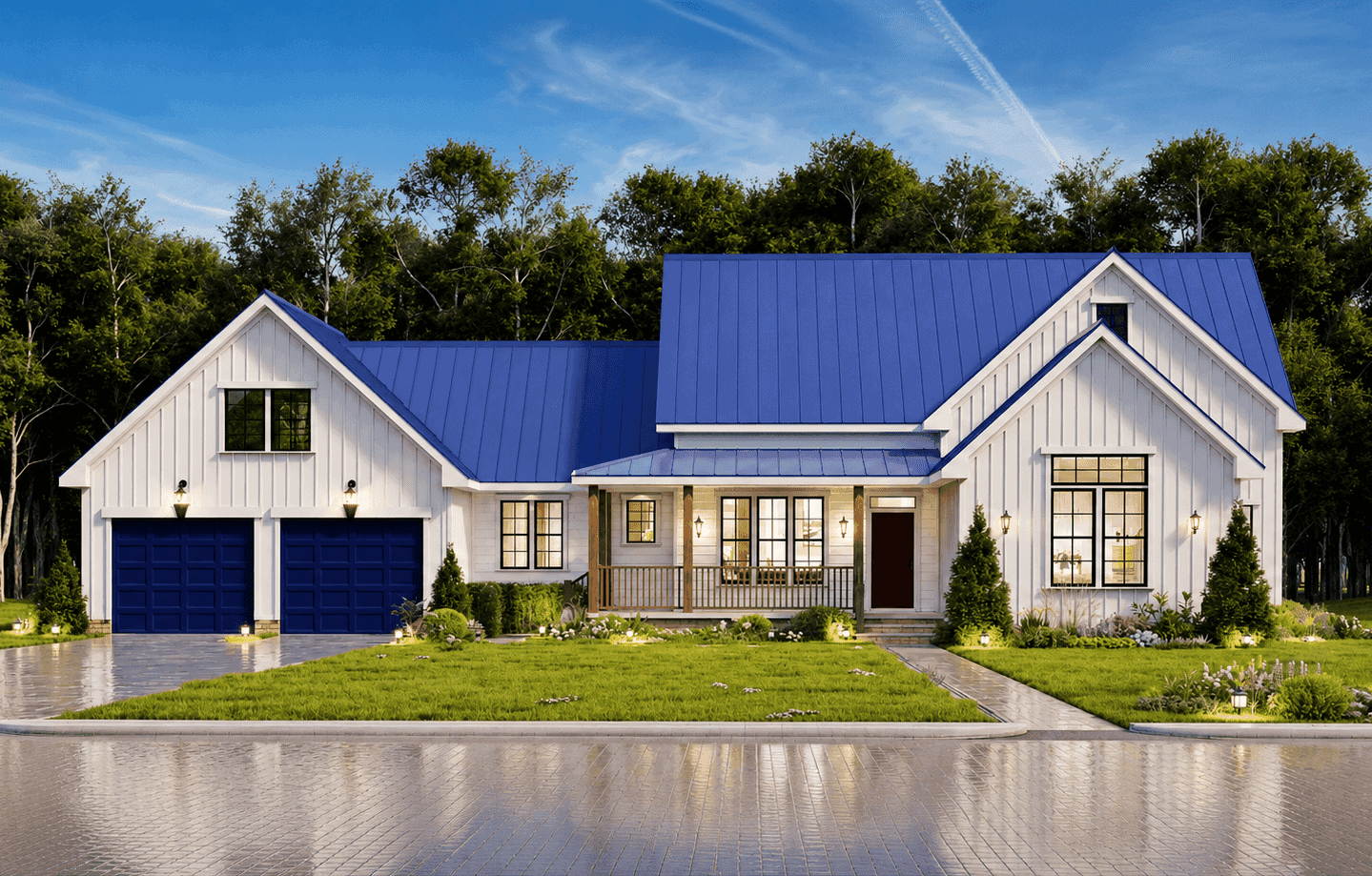 Modern Farmhouse facade with board-and-batten siding, covered front porch, metal gable roof, and symmetrical window placement. 3 beds, 1,511 sq ft - Plan #198-1245