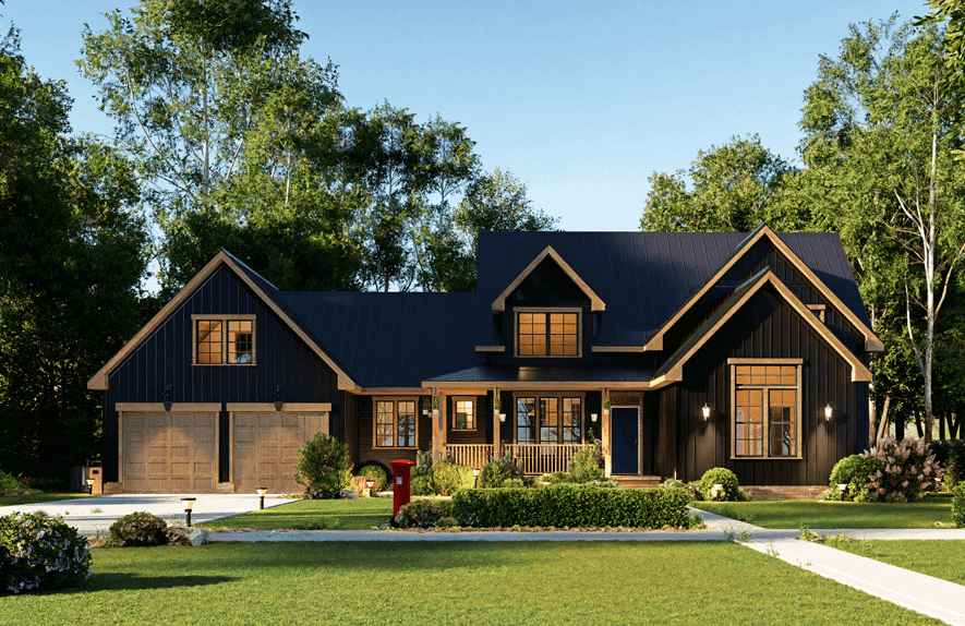 Farmhouse facade with board-and-batten siding, steep gable and dormer, standing-seam metal roof, and covered front porch. 5 beds, 2,689 sq ft - Plan #198-1246
