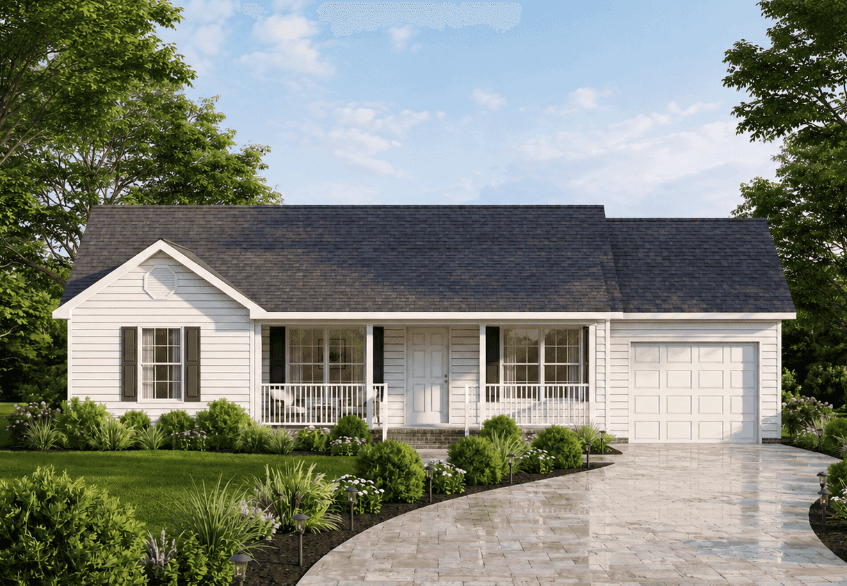 Ranch elevation with covered front porch, gable roofline, and side-garage placement. 3 beds, 1,067 sq ft - Plan #198-1248.