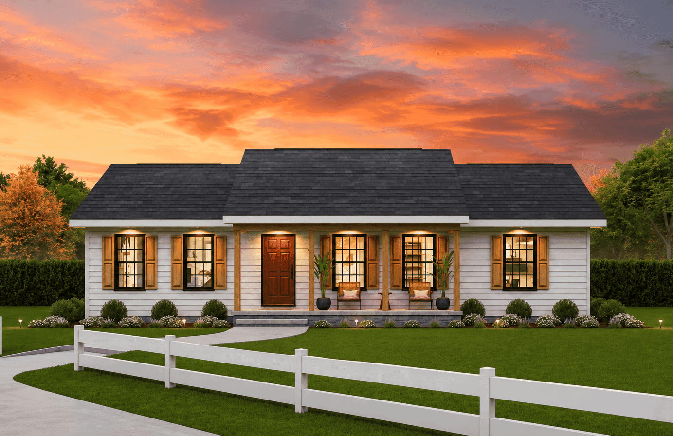 Traditional Ranch elevation with covered entry porch, lap siding, and gable roofline. 3 beds, 2 baths, 1,184 sq ft - Plan #198-1250
