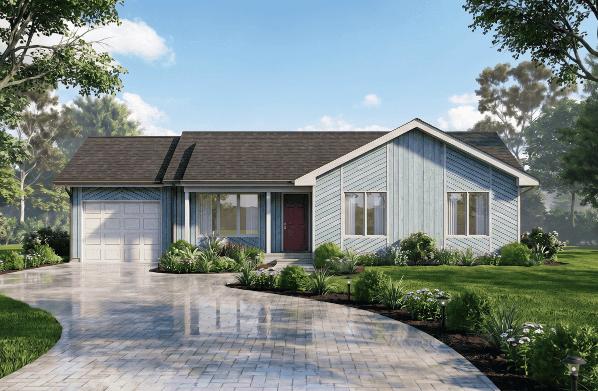A Ranch home with covered front porch, gable roofline, and front-entry garage. 3 beds, 1,104 sq ft - Plan #198-1251.