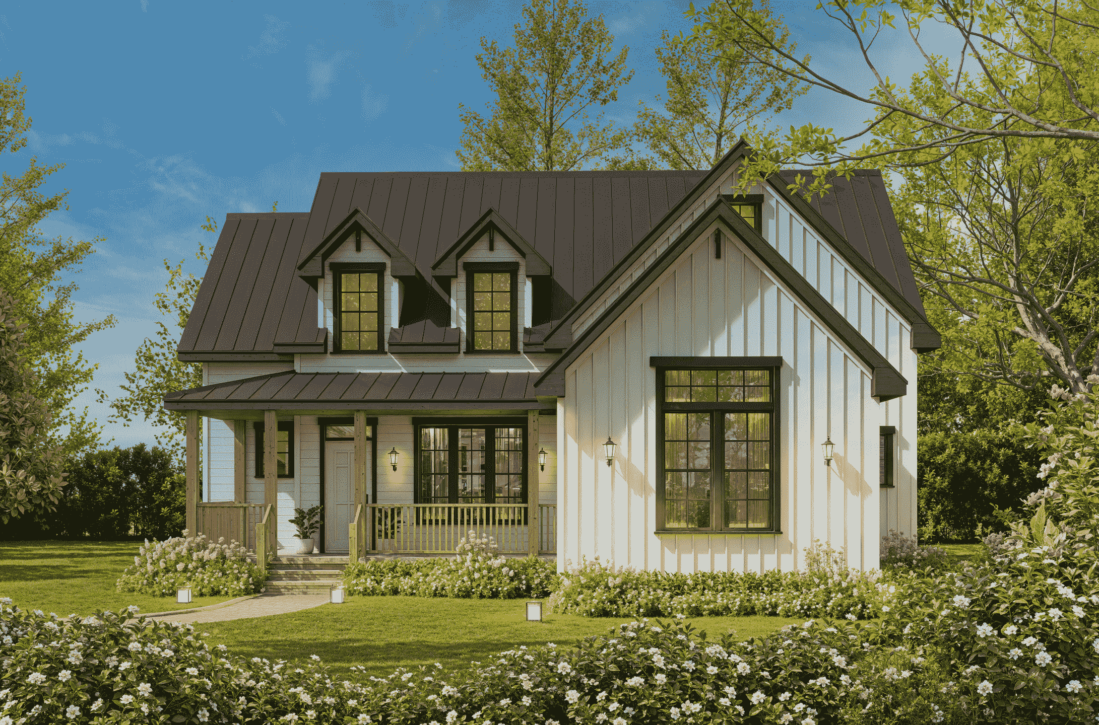A Modern Farmhouse elevation with board and batten siding, standing metal roof with gable and dormer detail, and expansive covered front porch. 5 beds, 3 baths, 2194 sq ft - Plan #198-1254