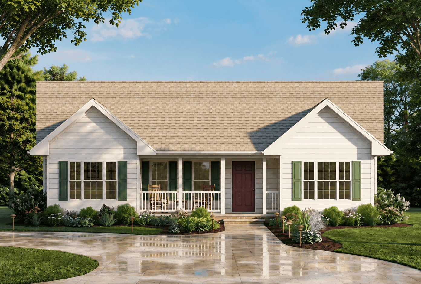 Ranch facade with a gable roofline and covered front porch opening to traditional detailing. Designed for narrow lots without a garage, the floor plan maximizes efficiency on compact sites. 3 beds, 1,101 sq ft - Plan #198-1256