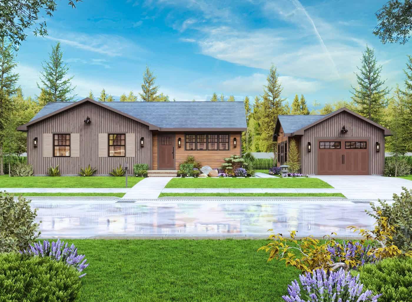 A cottage style home with a pitched gable roof, vinyl or wood siding options, and a detached one-car garage. 2 beds, 2 baths, 1,040 sq ft - Plan #198-1262