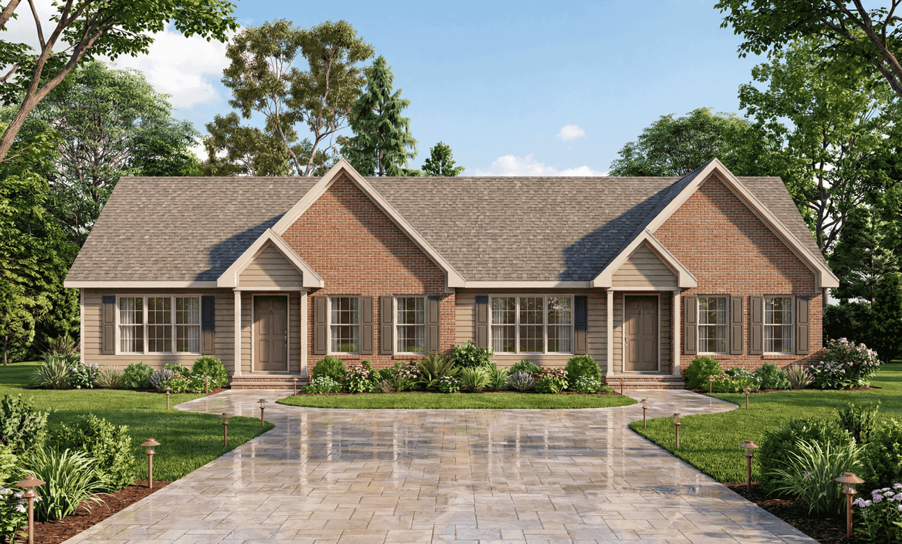 Ranch duplex facade with gable roofline, covered front porch, and vinyl siding. 4 beds, 2,071 sq ft - Plan #198-1272.