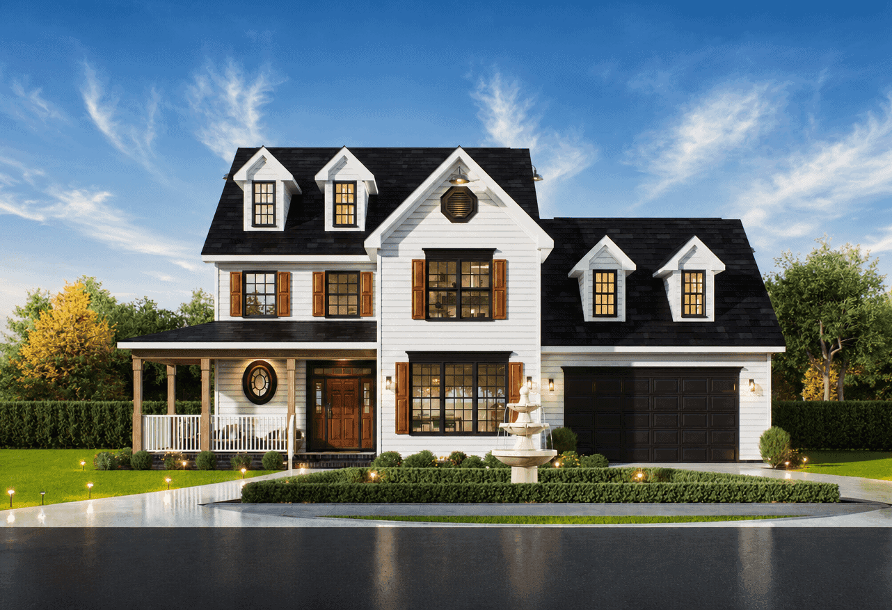 Farmhouse facade with covered front porch, dormer accent, and gable roofline detail. 3 beds, 2,391 sq ft - Plan #198-1277.