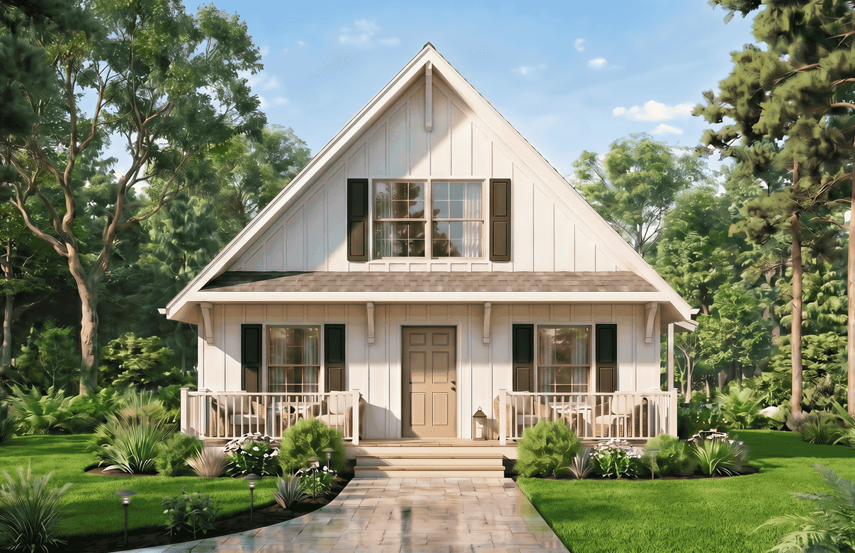 A steep-gable Farmhouse with board-and-batten siding and covered front porch, designed for narrow lots. Inside, the main floor primary suite offers separation from the open living areas and upper bedrooms. 3 beds, 1,177 sq ft - Plan #198-1278