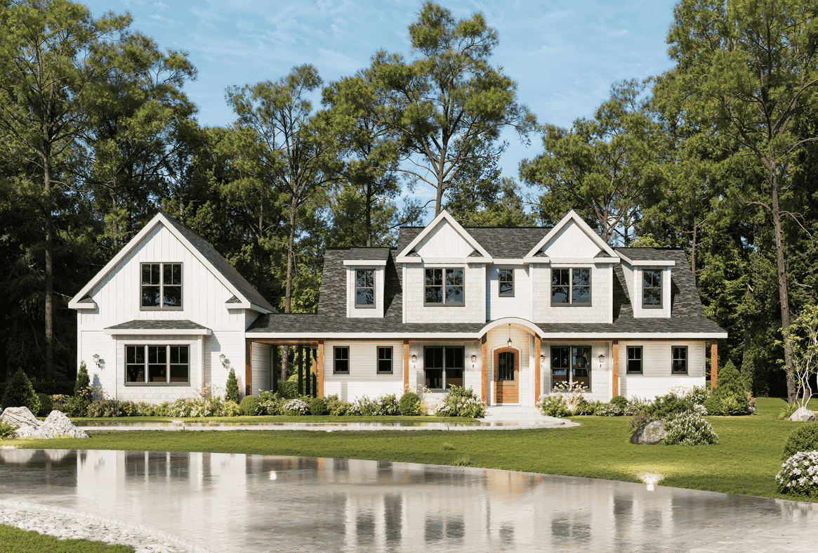 Board-and-batten siding and a metal roof characterize this two-story modern farmhouse with a wraparound porch. 3 beds, 2,694 sq ft - Plan #198-1283