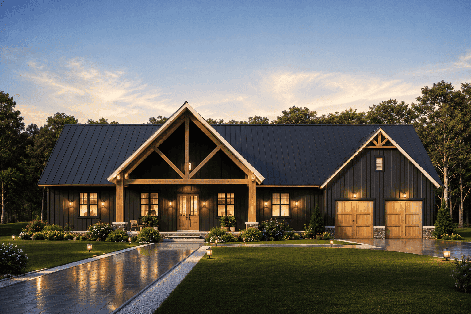 Modern Farmhouse elevation with board and batten siding, metal gable roof, and spacious covered porches. 3 beds, 3.5 baths, 2,439 sq ft - Plan #198-1285