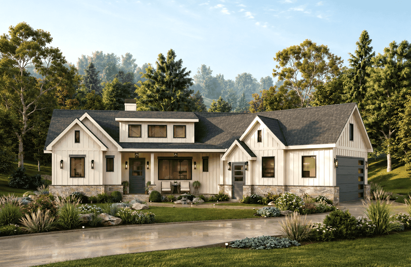 A Contemporary Craftsman elevation with board-and-batten siding, steeply pitched gable roofline, and a covered front porch. 3 beds, 2 baths, 1,809 sq ft - Plan #198-1289