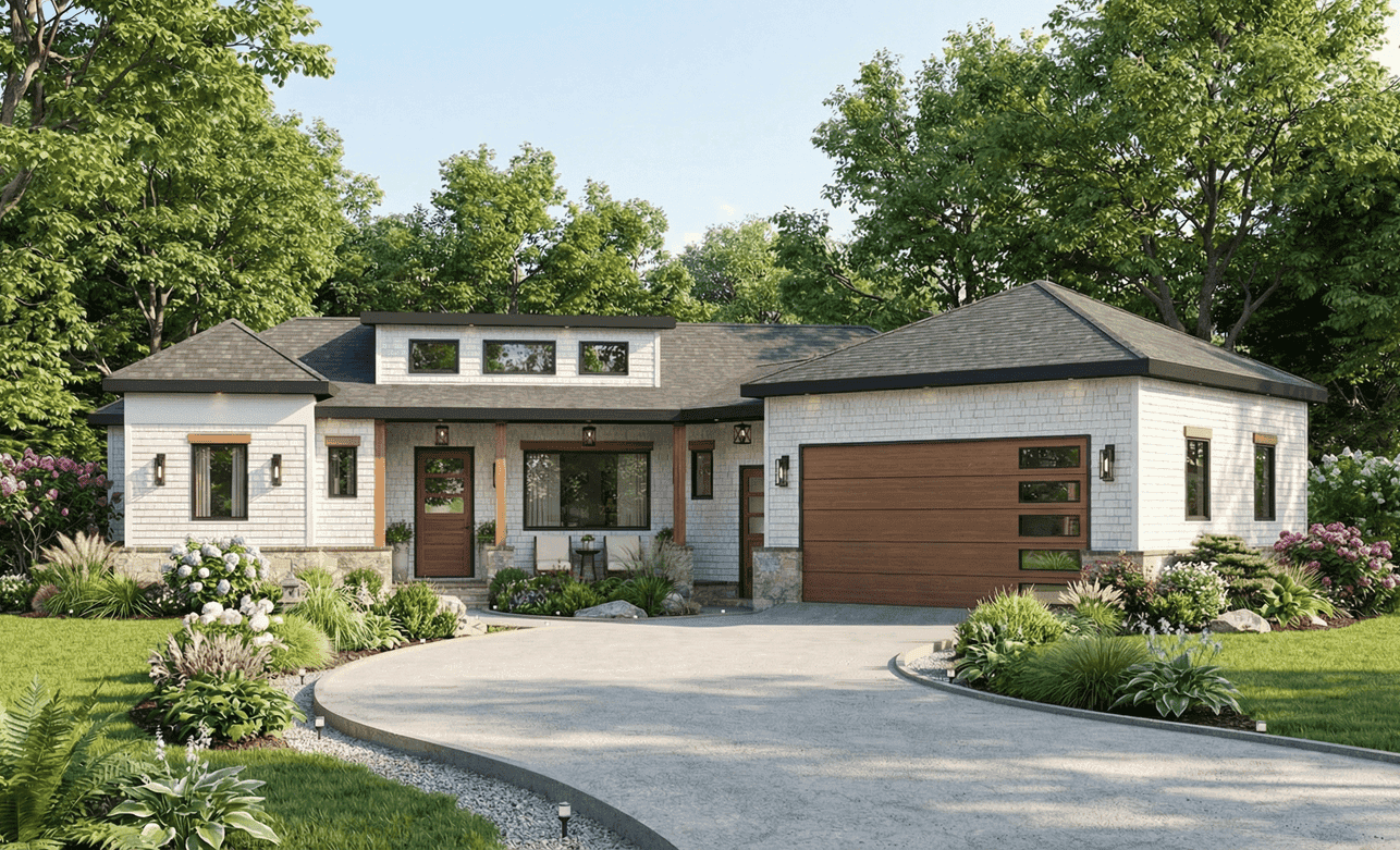 A contemporary elevation with shake siding, hip roofline, and covered front porch. 3 beds, 2 baths, 1,801 sq ft - Plan #198-1290