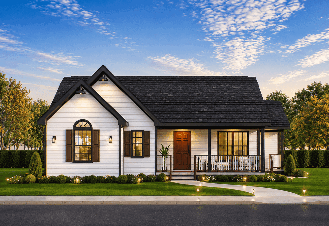 Country Ranch facade with wraparound porch spanning two sides and vinyl siding. Gable roofline and traditional proportions define this compact single-story design. 3 beds, 1,287 sq ft - Plan #198-1292.