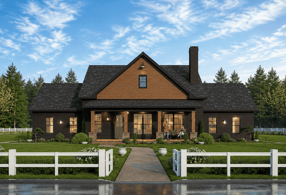 Brick Farmhouse facade featuring a steep gable roofline and generous covered front porch. 3 beds, 2.5 baths, 1,682 sq ft - Plan #198-1294