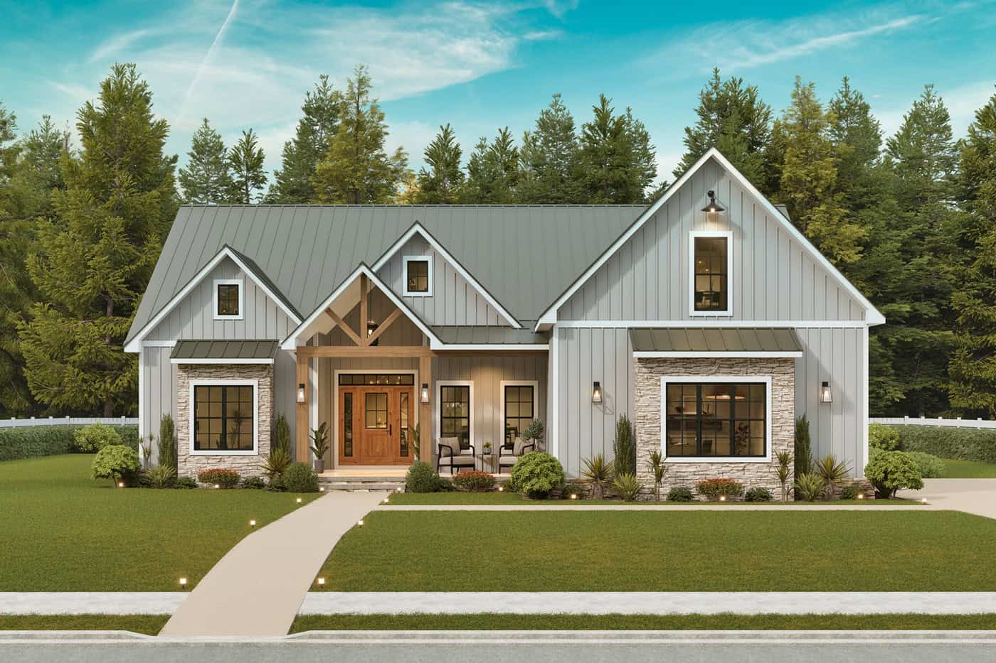Two-story modern farmhouse with board and batten siding, metal roof, and welcoming covered porch. Traditional farmhouse proportions with contemporary exterior finishes. 3 beds, 2,361 sq ft - Plan #198-1295