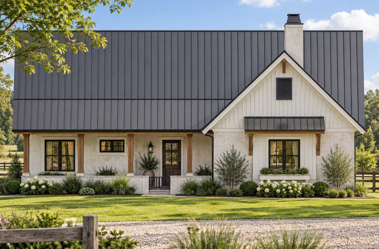 A Country home with standing-seam metal roof, timber-post front porch, and board-and-batten gable with a metal window awning. 2 beds, 1,196 sq ft - Plan #205-1233.