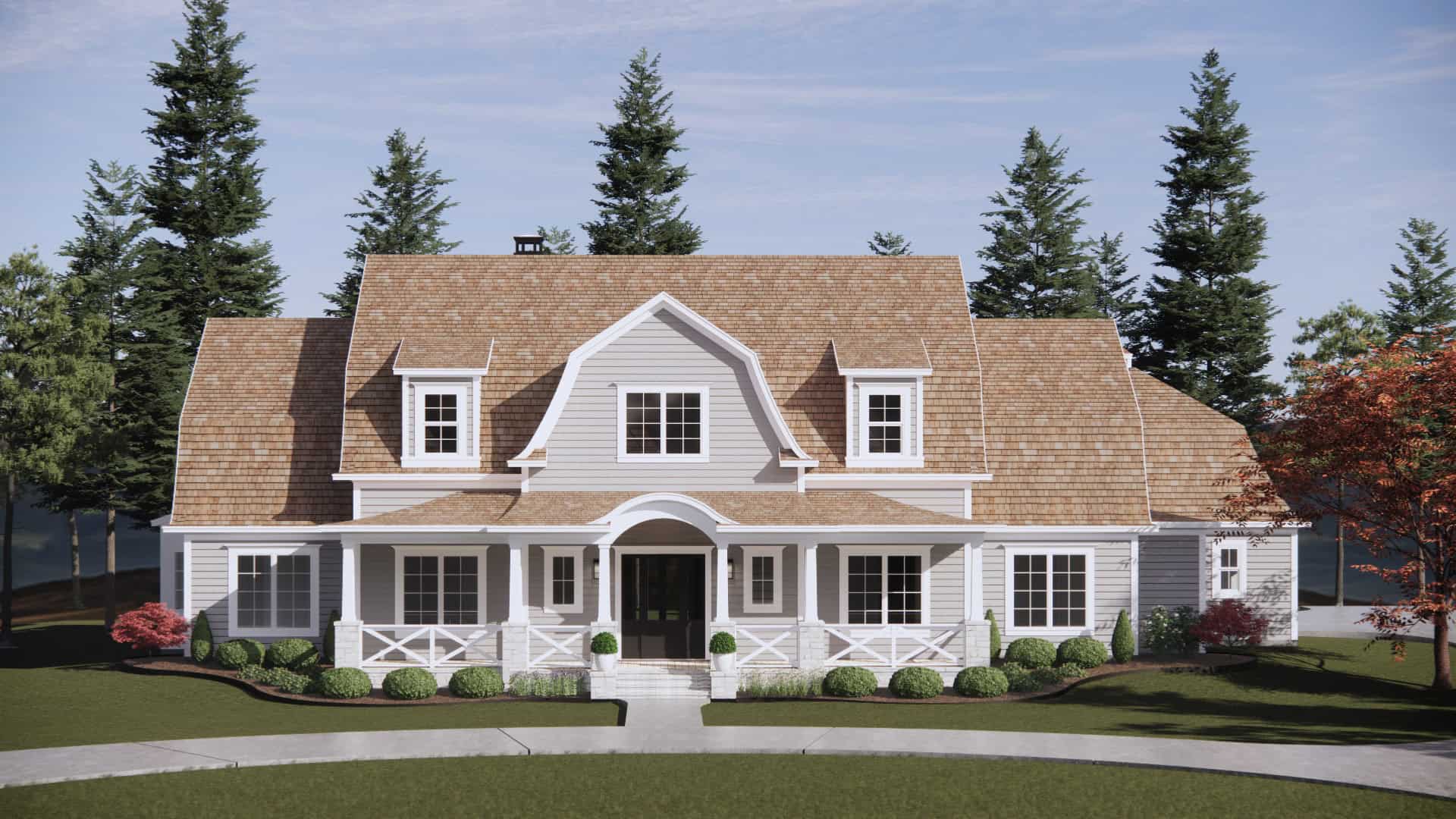 Front exterior of a 4,152 sq ft luxury farmhouse with L-shaped layout, 3-car garage, and classic architectural detailing