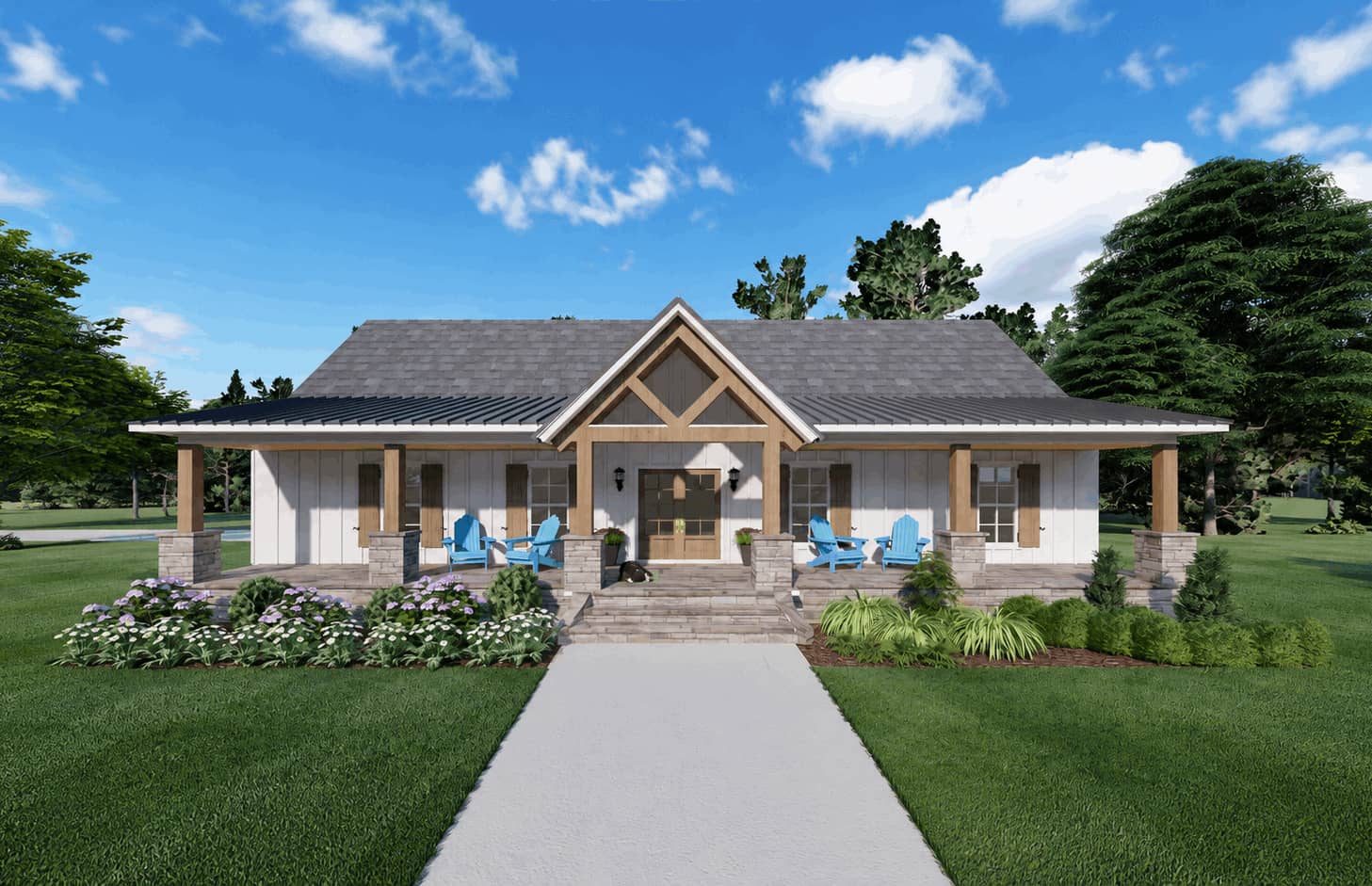 Craftsman home with a timber-framed entry gable, standing-seam metal porch roof, and square posts on stone bases. 3 beds, 1,828 sq ft - Plan #140-1146.