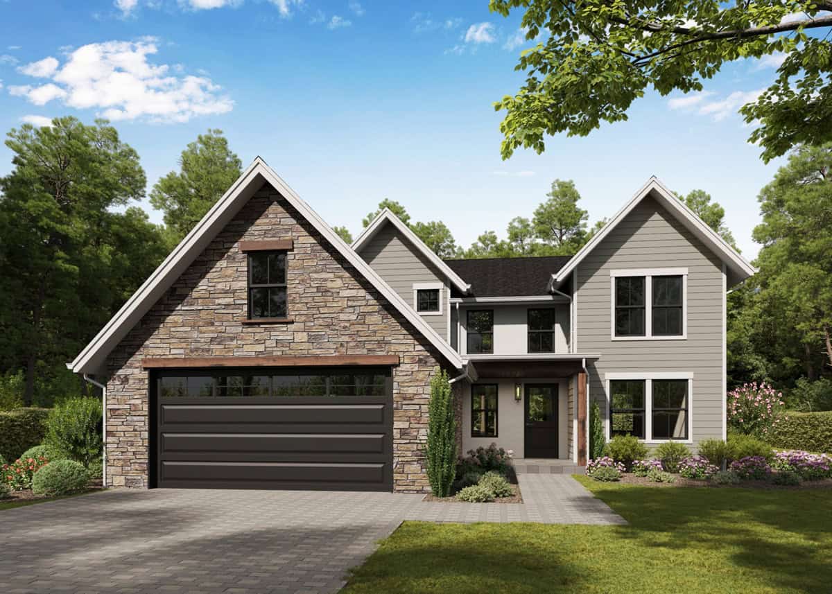 A two-story Modern Farmhouse home with covered front porch and stone exterior accents. 3 beds, 2,607 sq ft — Plan #161-1302.