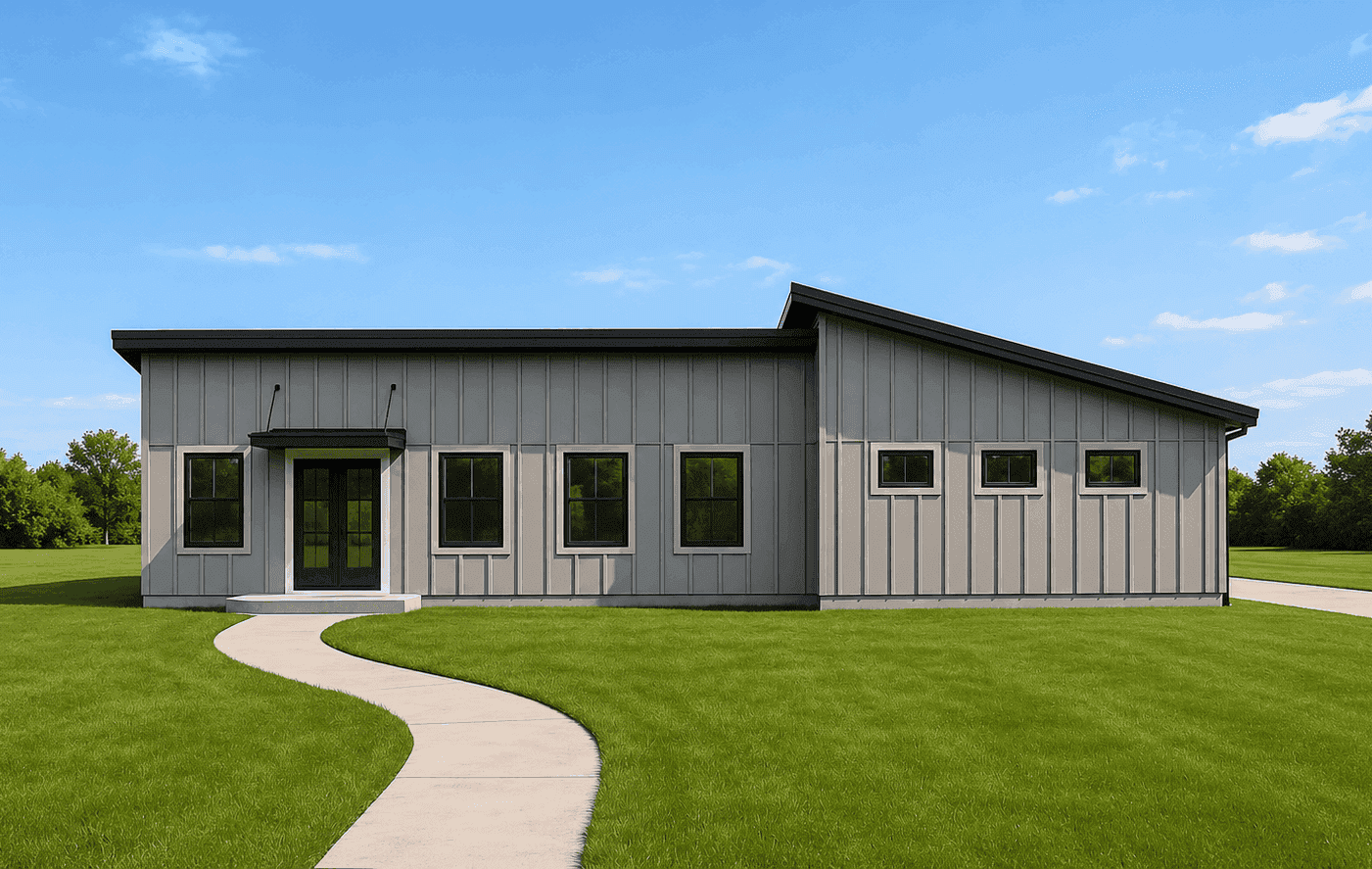 A contemporary home with shallow-pitched metal shed roof, lap siding, covered front porch, and side-entry garage. 1 bed, 1 bath, 798 sq ft - Plan #162-1126.