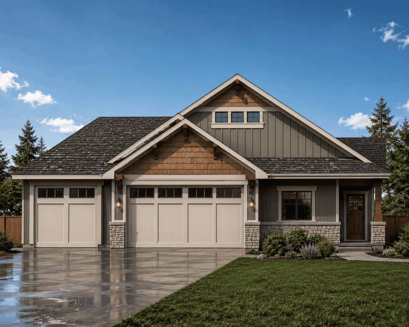 Craftsman elevation with covered front porch, gable roofline, and attached 3-car garage. 4 beds, 1,738 sq ft - Plan #162-1144