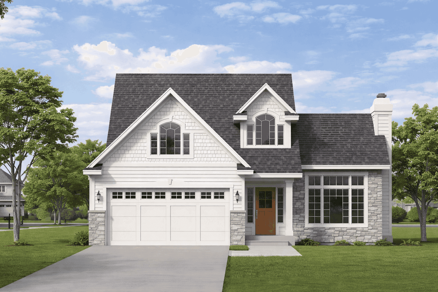 Farmhouse elevation with covered front porch, stone and lap siding, and gable-dormer roofline. 4 beds, 3.5 baths, 2,550 sq ft - Plan #162-1147.