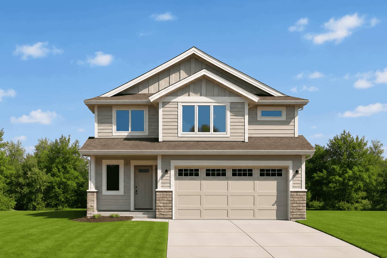 Craftsman elevation with gable roofline, covered front porch, and mixed stone and lap siding. 3 beds, 1,736 sq ft - Plan #162-1155.
