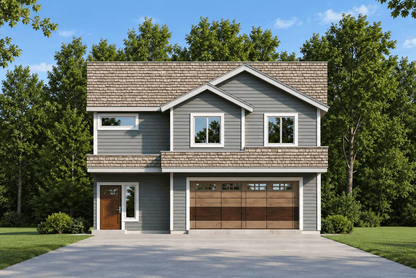 A Craftsman elevation with lap siding, prominent gable roofline, and covered front porch anchors this efficient two-story design. 4 beds, 2.5 baths, 1,791 sq ft - Plan #162-1158