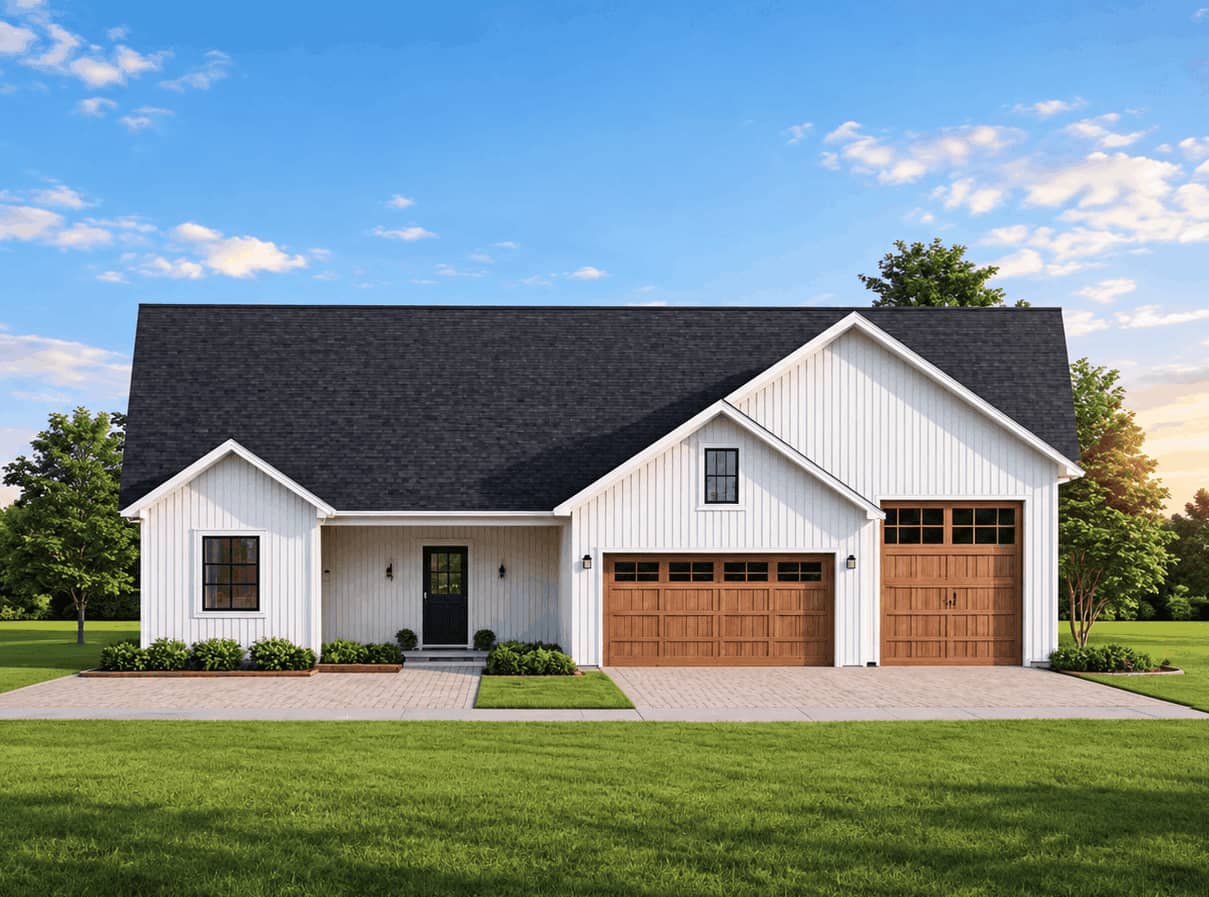 Craftsman facade with board and batten siding, gable roofline, covered front porch, and oversized five-car garage. 3 beds, 2.5 baths, 1,988 sq ft - Plan #162-1170