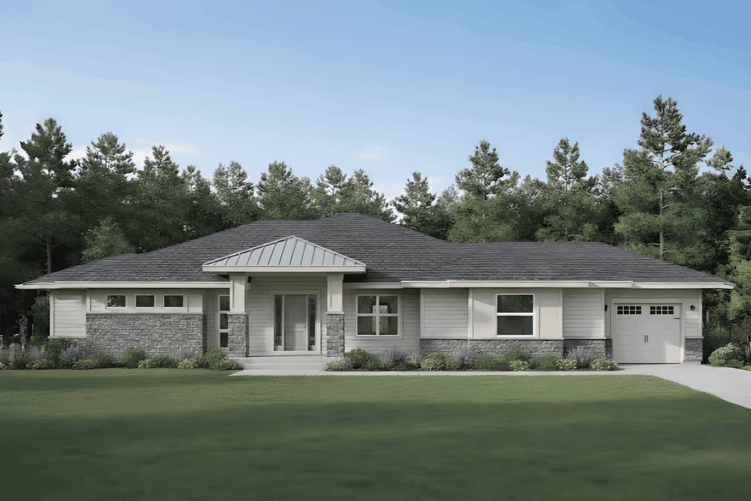 A Contemporary Prairie home with horizontal rooflines, stone accents, and covered entry porch. 6 beds, 4 baths, 4564 sq ft - Plan #162-1174.
