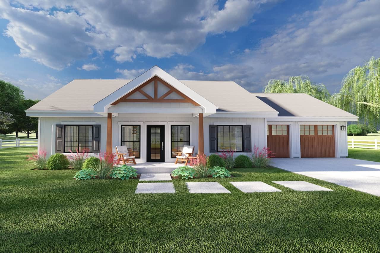 Front exterior rendering of a 1,360 sq. ft. Modern Farmhouse with board and batten siding, covered front porch, gabled rooflines, decorative wood accents, and welcoming curb appeal.