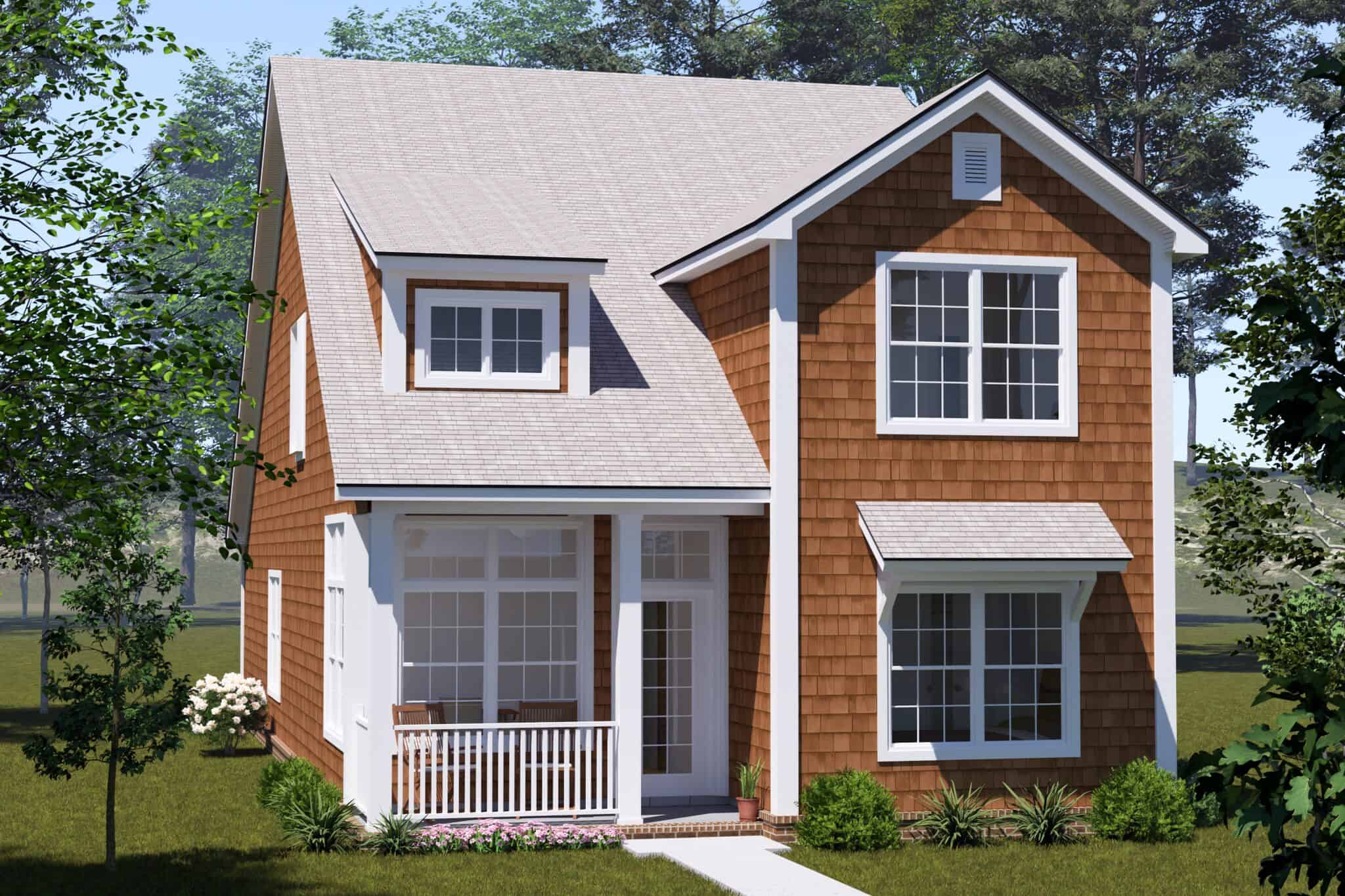 Cottage facade with cedar shake siding, a front gable with a bay window and awning, and a covered porch with a small dormer. 4 beds, 1,812 sq ft - Plan #178-1579