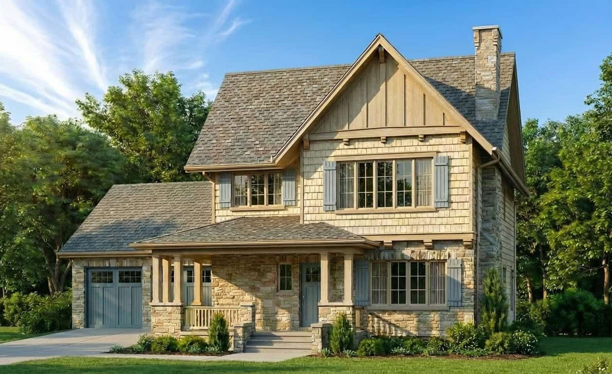 Cottage facade with stone accents, covered entry porch, and Craftsman detailing. 4 beds, 4.5 baths, 2,601 sq ft - Plan #193-1412