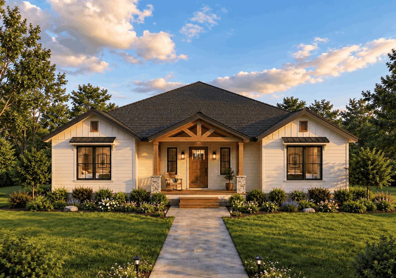 Modern Farmhouse elevation with covered front porch, gable roofline, and vertical board accents. 2 beds, 1,430 sq ft - Plan #193-1422.