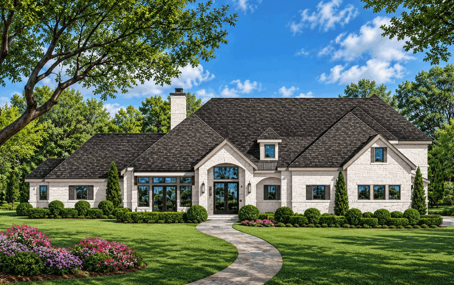 Front elevation of French home (ThePlanCollection: House Plan #195-1358)