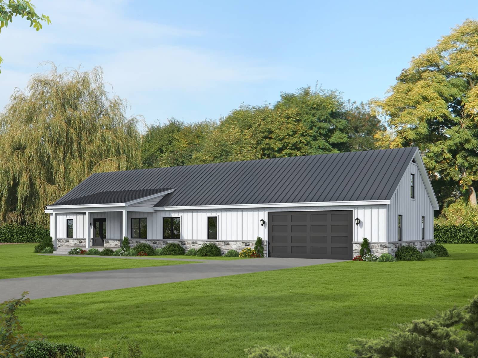 Modern Farmhouse facade with stone and board-and-batten siding, covered front porch, and gable metal roof. 3 beds, 2,060 sq ft — Plan #196-2008.