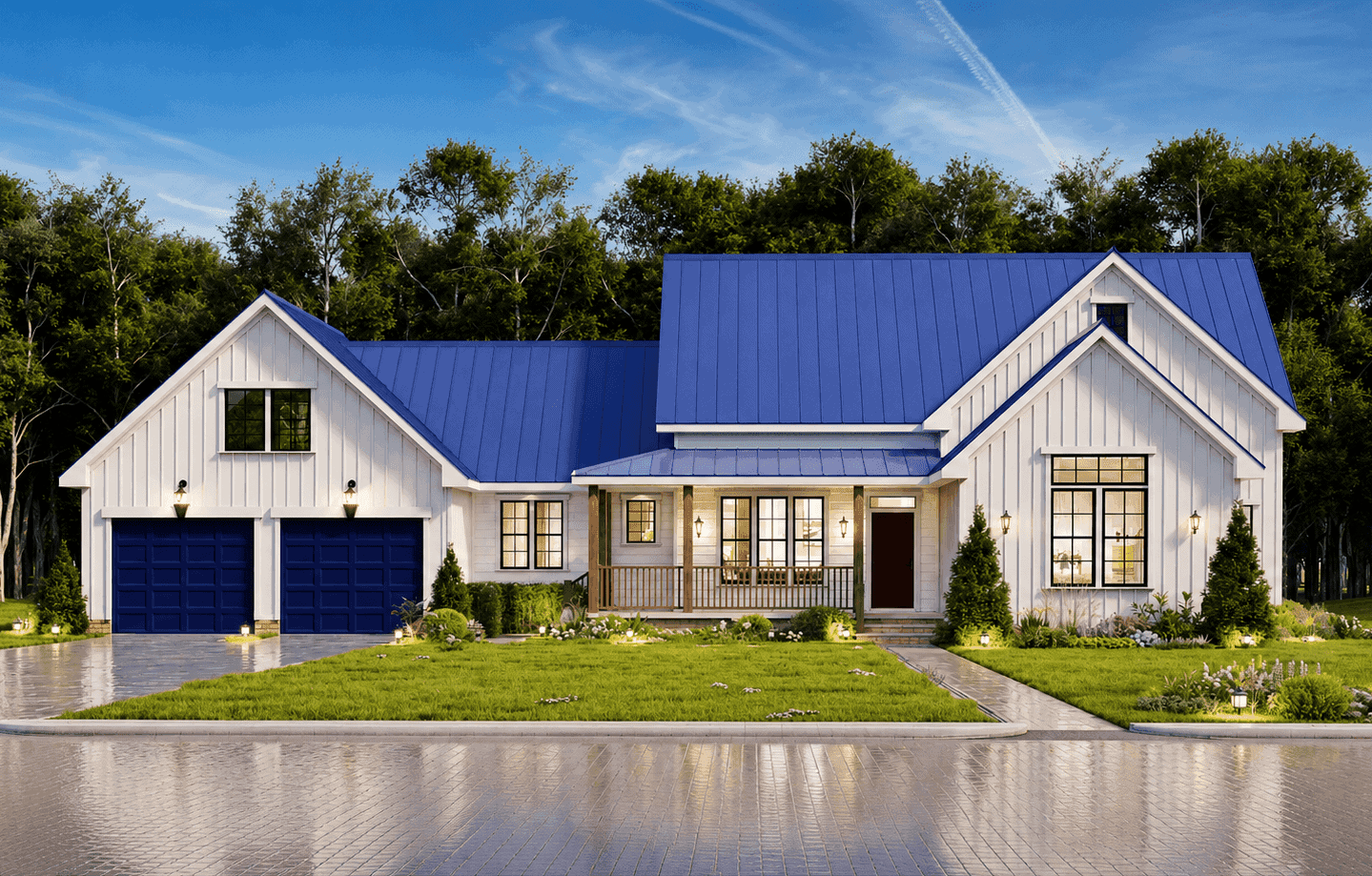 Modern Farmhouse facade with board-and-batten siding, covered front porch, metal gable roof, and symmetrical window placement. 3 beds, 1,511 sq ft - Plan #198-1245